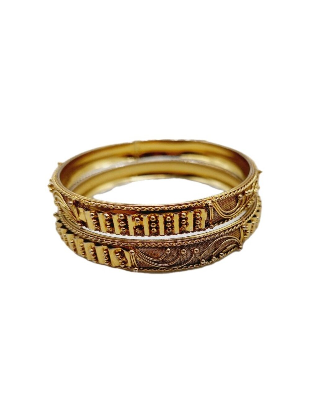 Gold Tone Bangle Bracelet Ornate Scroll and Mesh Set Of 2